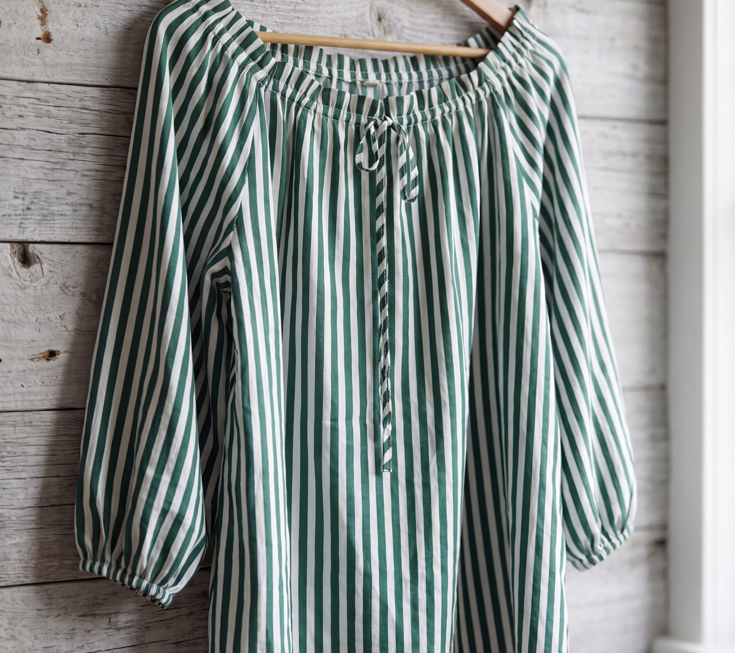 Thrifted Emerald Striped Boho Top with Tie-Neck