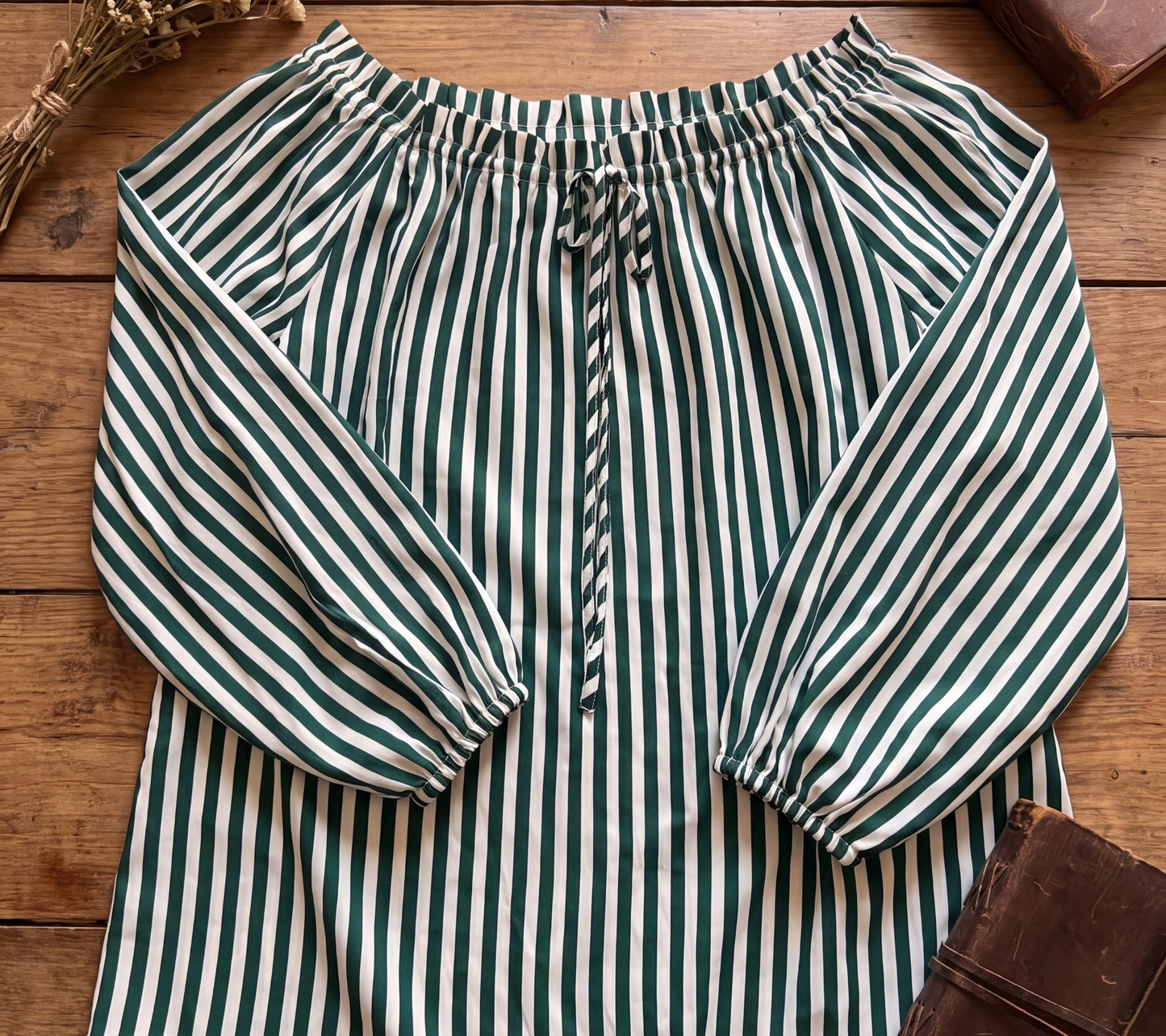 Thrifted Emerald Striped Boho Top with Tie-Neck