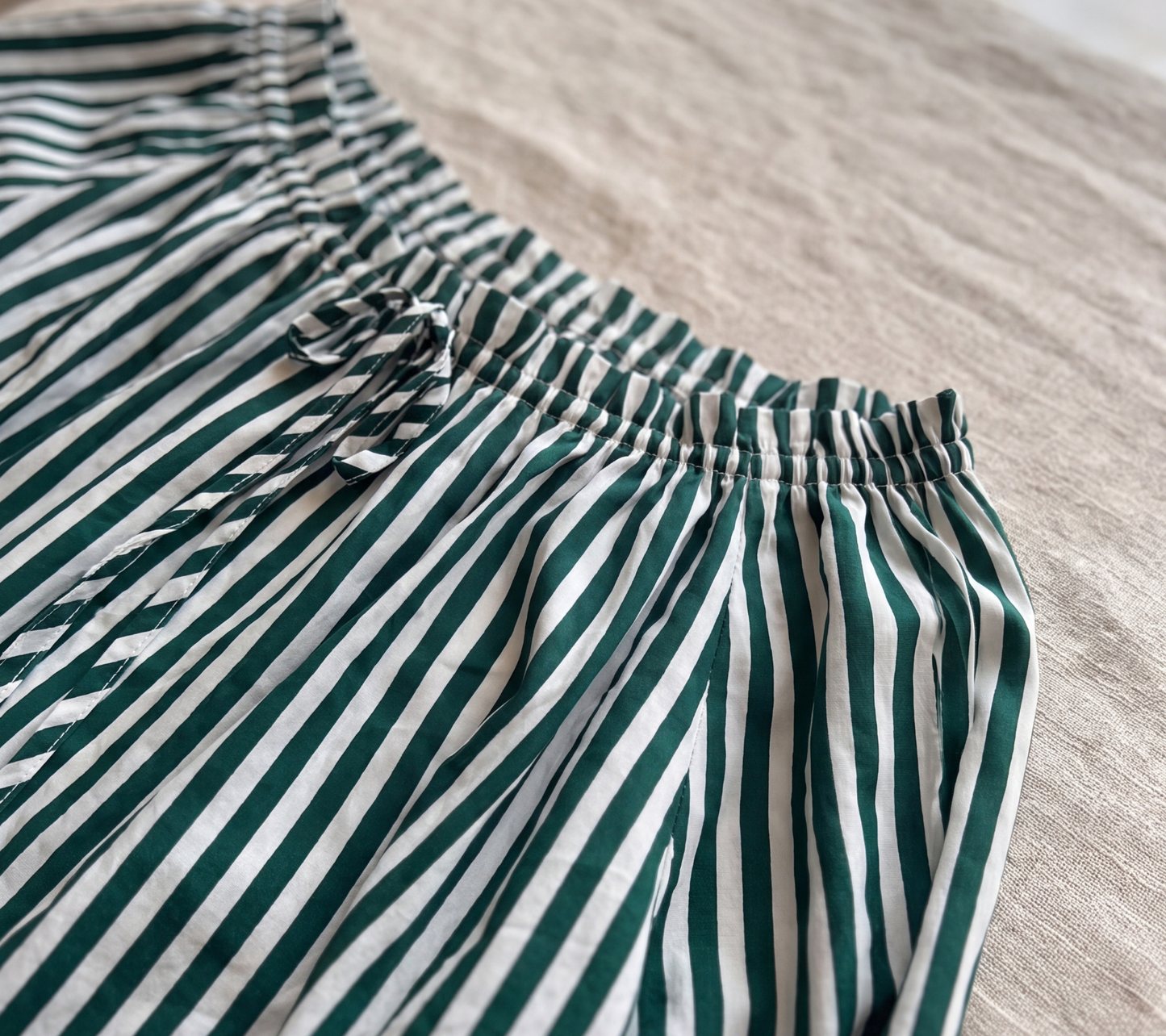 Thrifted Emerald Striped Boho Top with Tie-Neck