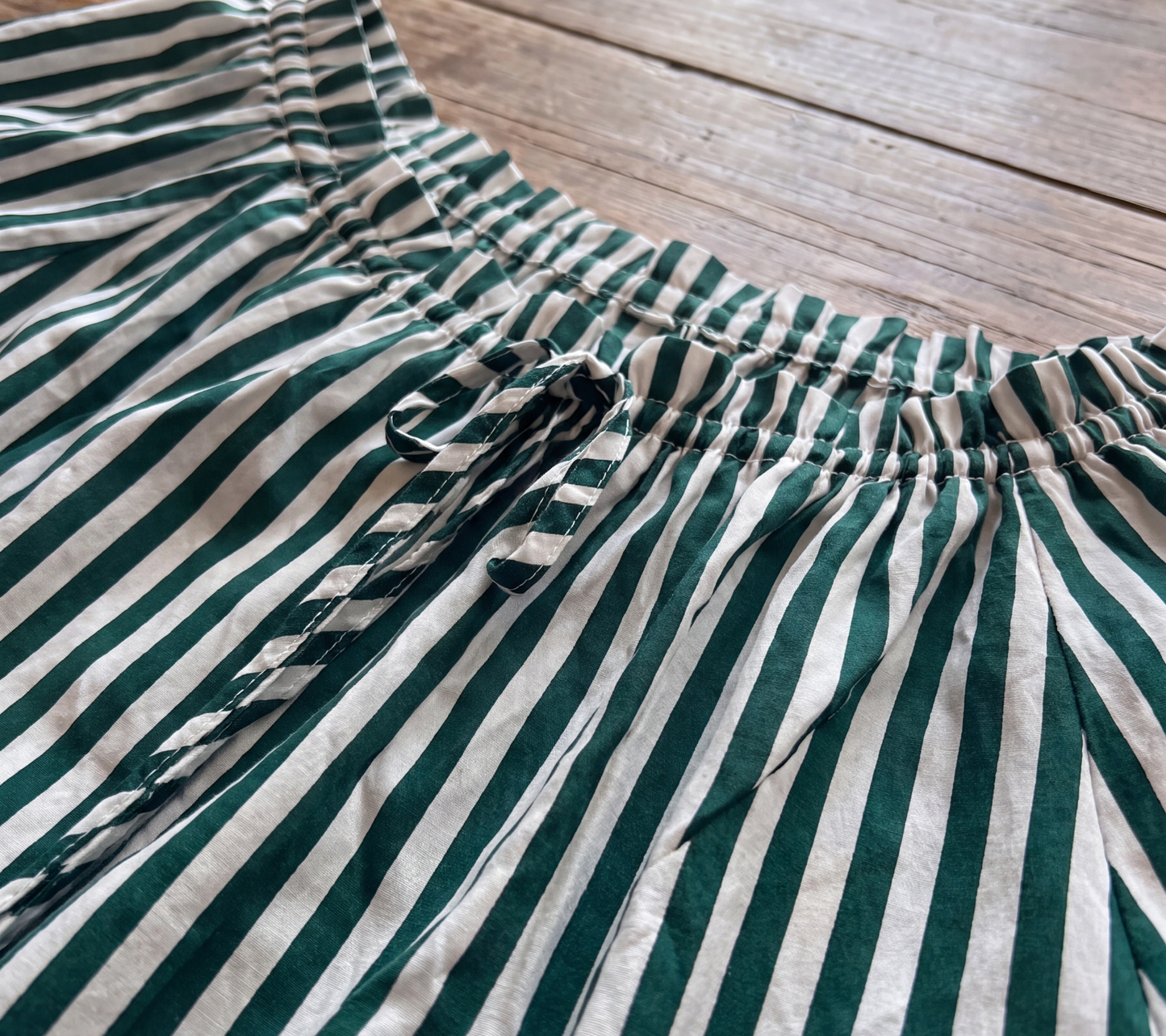 Thrifted Emerald Striped Boho Top with Tie-Neck