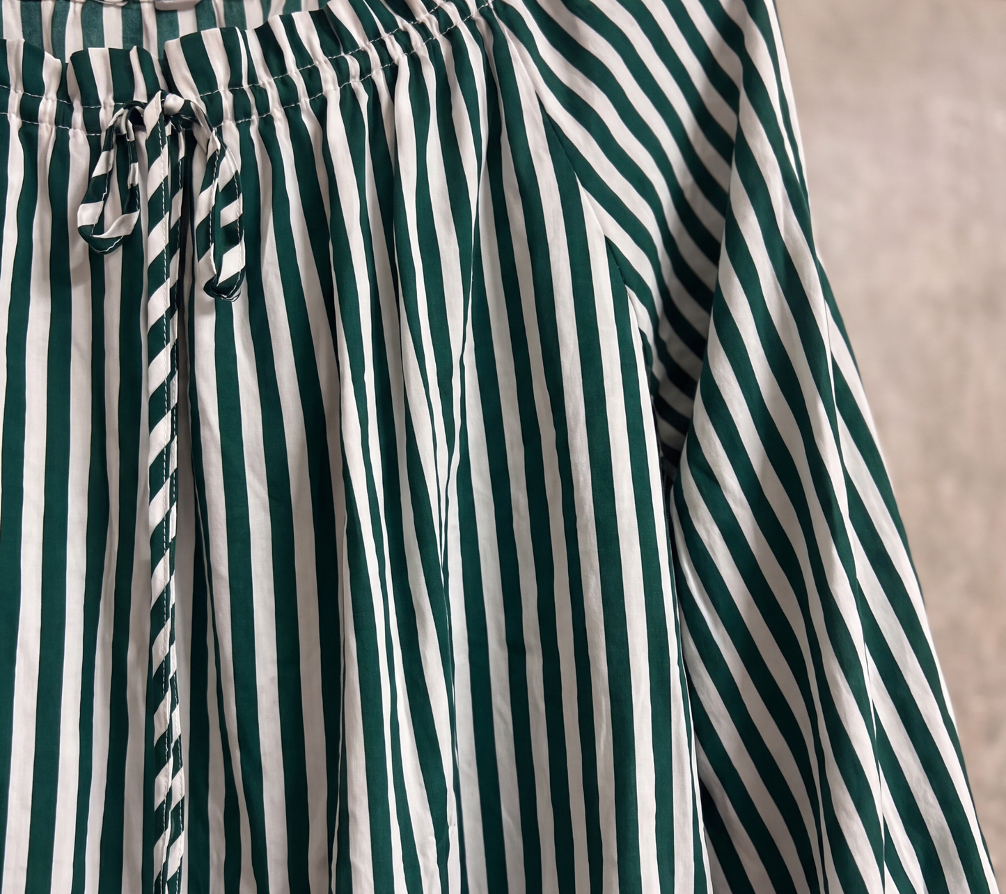 Thrifted Emerald Striped Boho Top with Tie-Neck