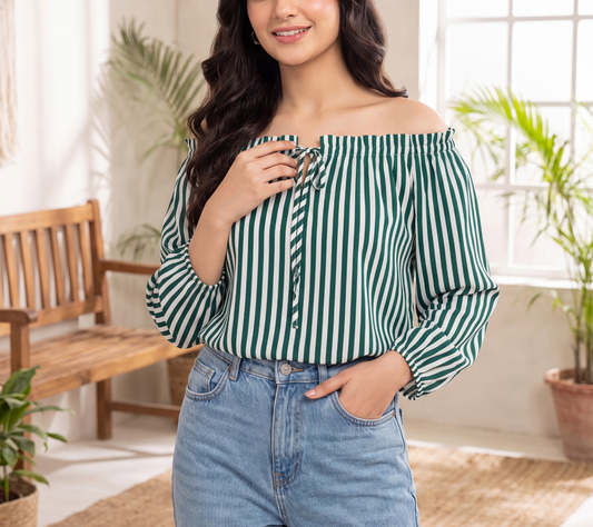 Thrifted Emerald Striped Boho Top with Tie-Neck