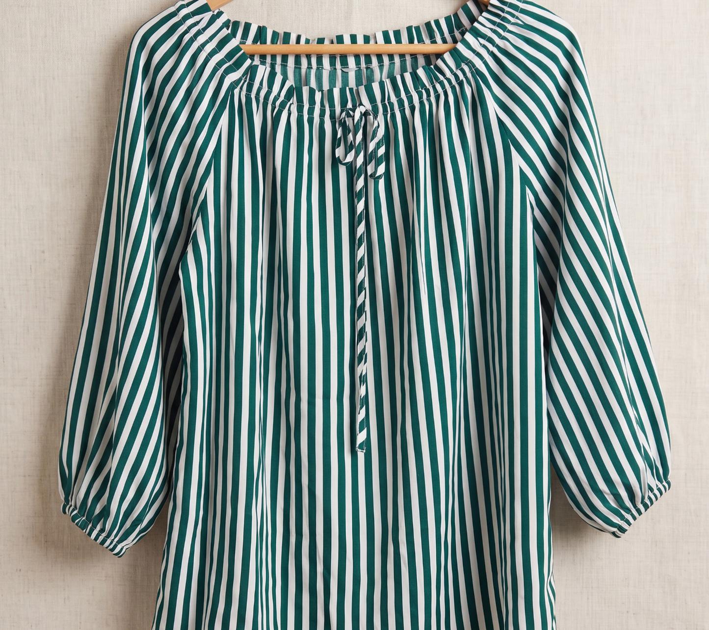 Thrifted Emerald Striped Boho Top with Tie-Neck