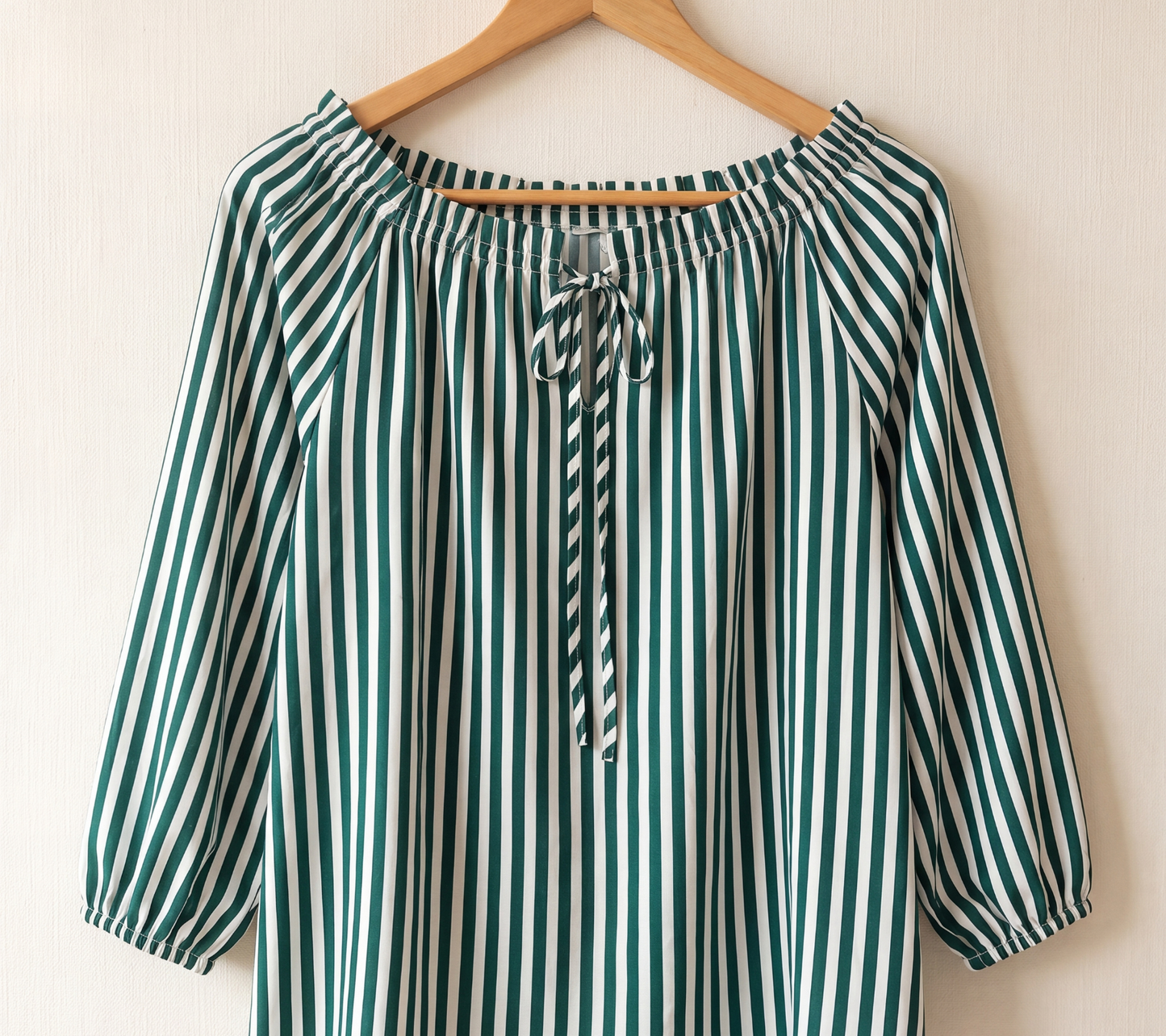 Thrifted Emerald Striped Boho Top with Tie-Neck