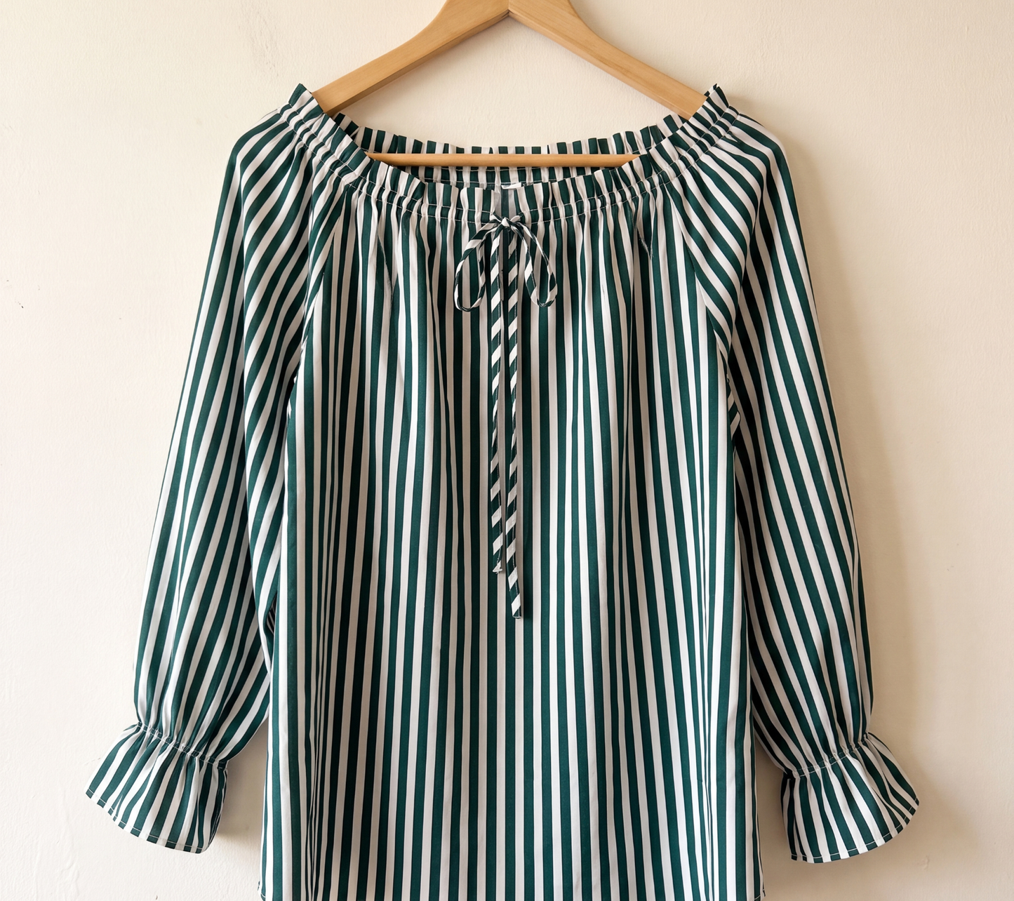 Thrifted Emerald Striped Boho Top with Tie-Neck