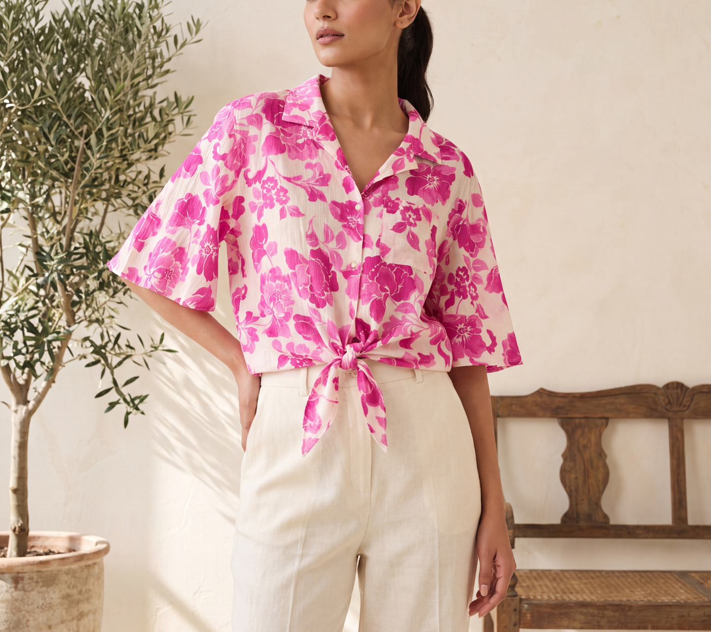 Mango (MNG) Vibrant Pink Floral Button-Down Shirt