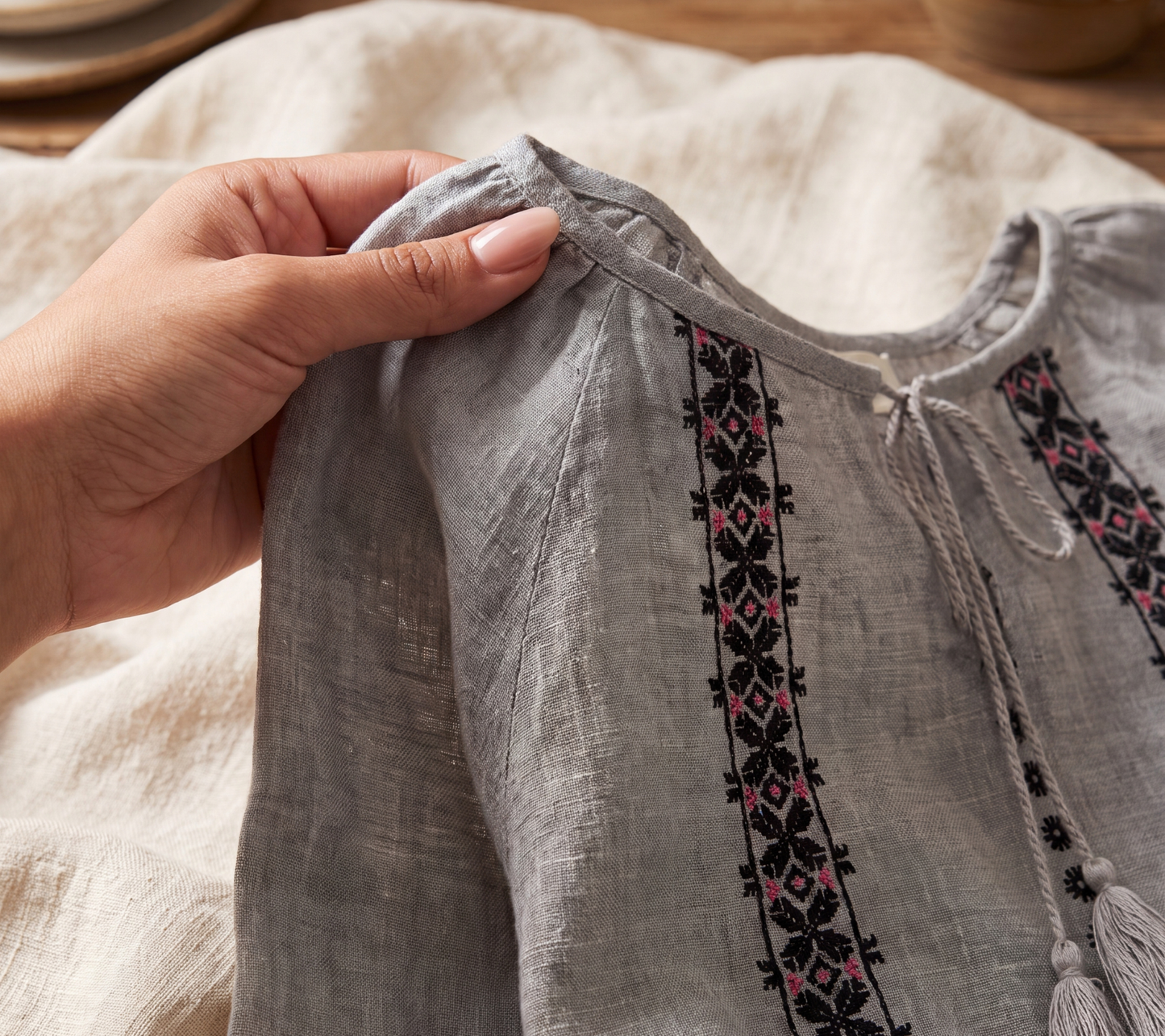 indi & cold Grey Linen-Blend Tassel Blouse with Geometric Embroidery