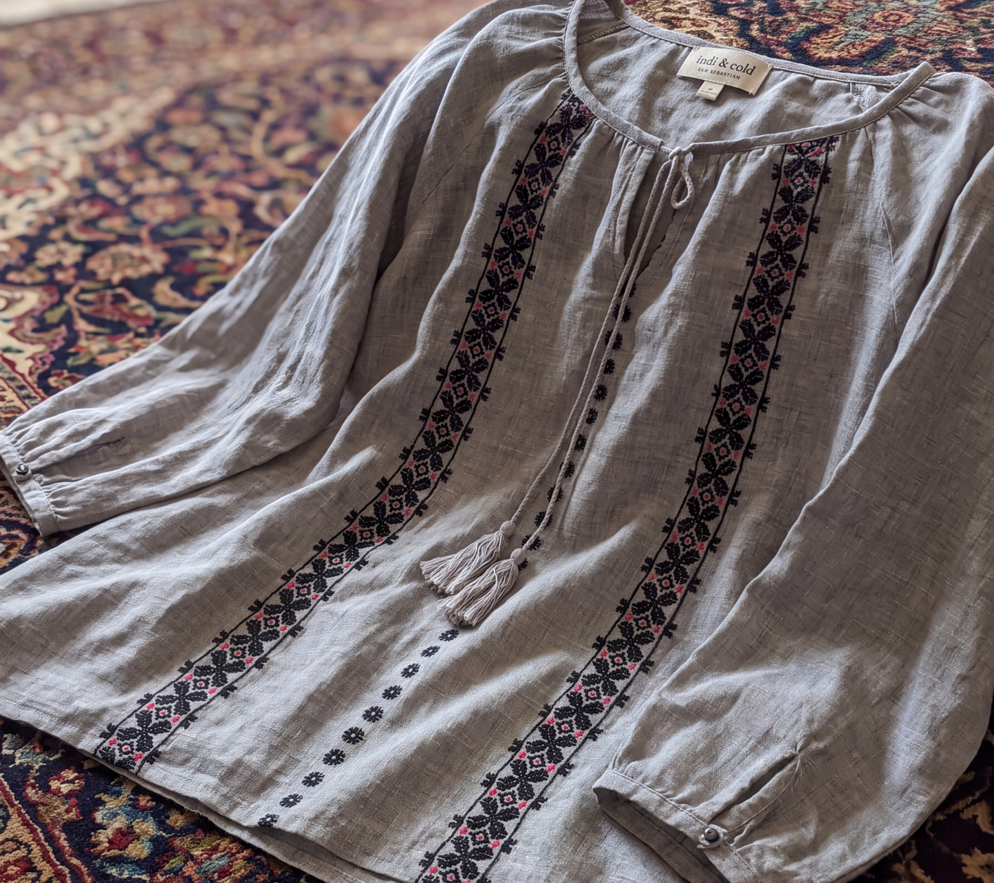 indi & cold Grey Linen-Blend Tassel Blouse with Geometric Embroidery