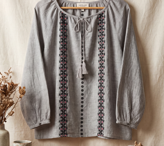 indi & cold Grey Linen-Blend Tassel Blouse with Geometric Embroidery