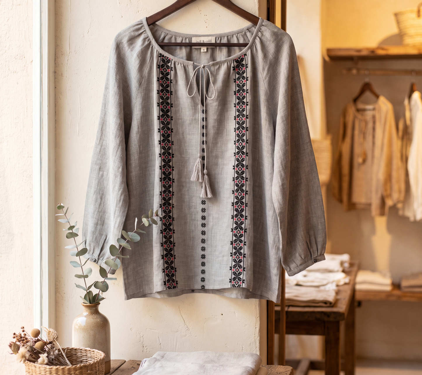 indi & cold Grey Linen-Blend Tassel Blouse with Geometric Embroidery