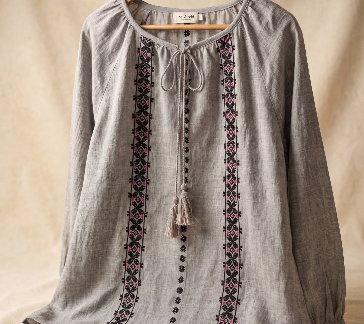 indi & cold Grey Linen-Blend Tassel Blouse with Geometric Embroidery