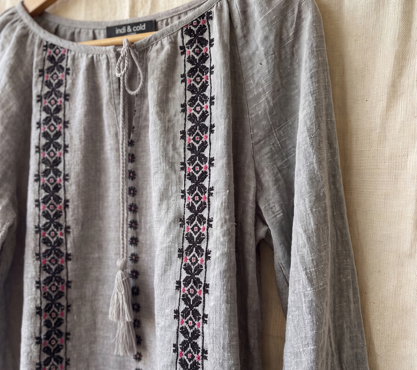 indi & cold Grey Linen-Blend Tassel Blouse with Geometric Embroidery