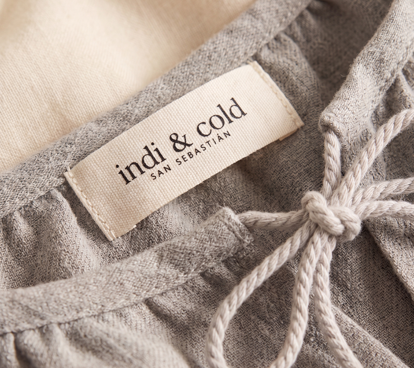 indi & cold Grey Linen-Blend Tassel Blouse with Geometric Embroidery