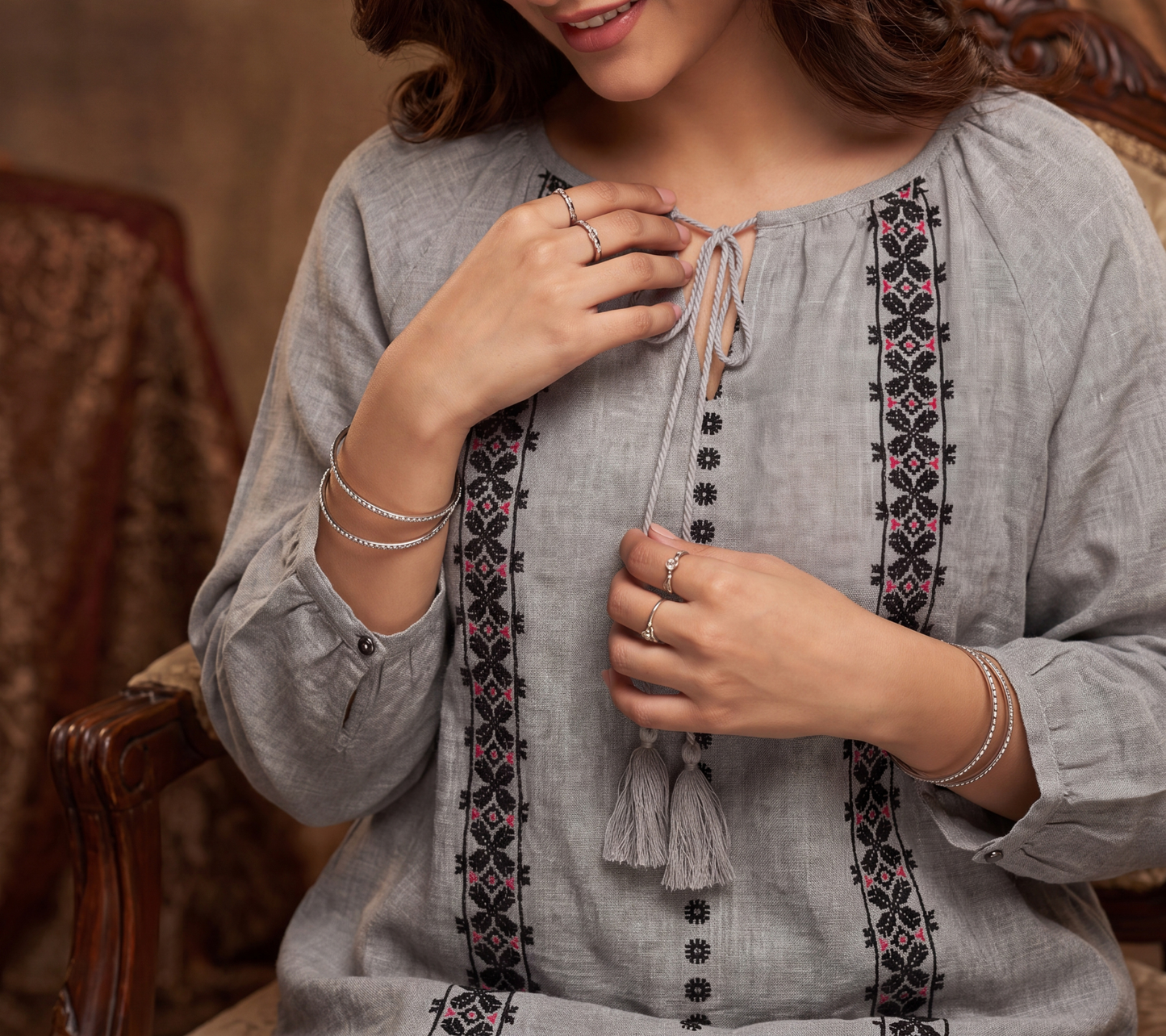 indi & cold Grey Linen-Blend Tassel Blouse with Geometric Embroidery