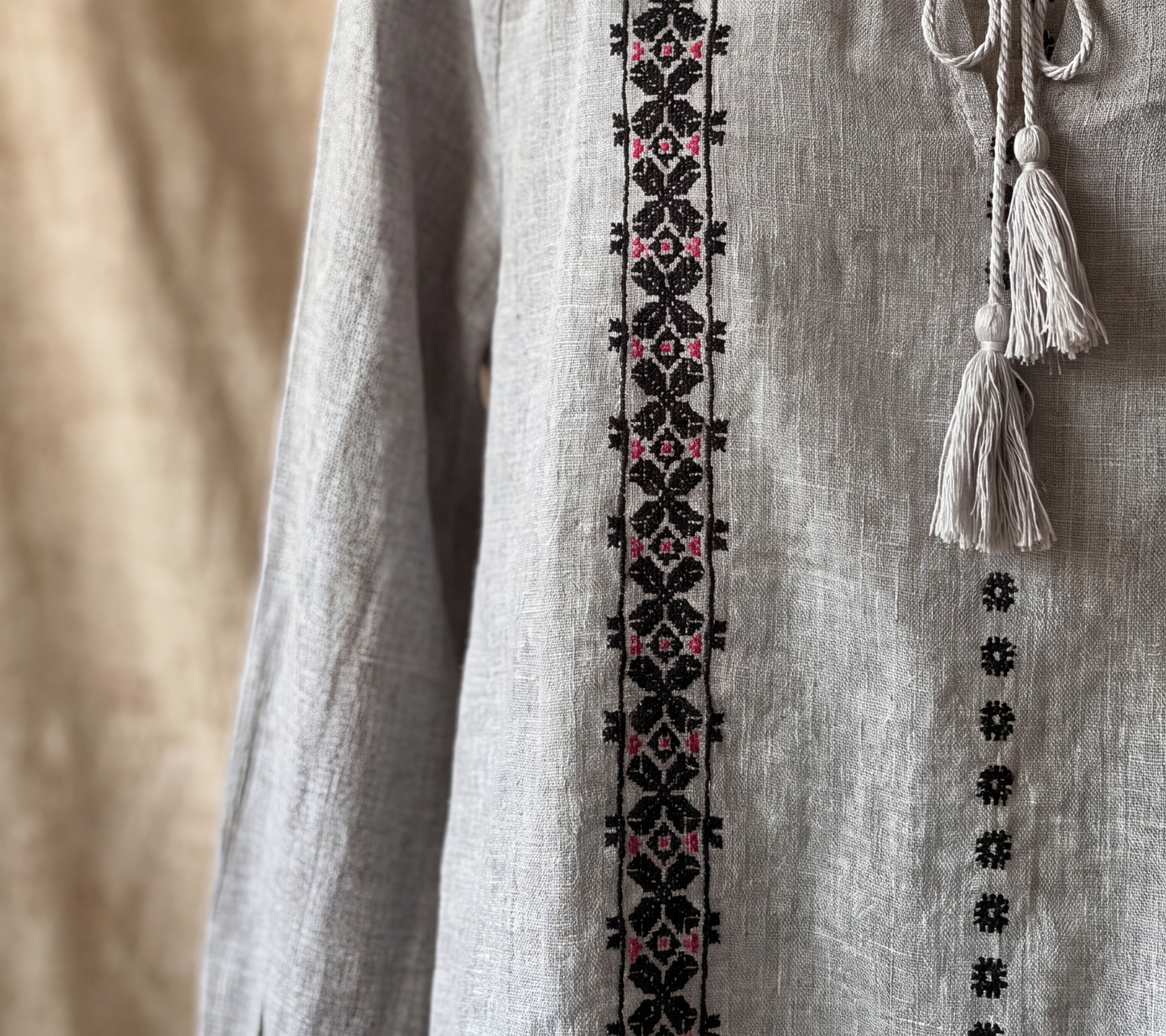 indi & cold Grey Linen-Blend Tassel Blouse with Geometric Embroidery