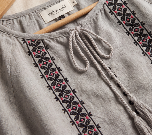 indi & cold Grey Linen-Blend Tassel Blouse with Geometric Embroidery
