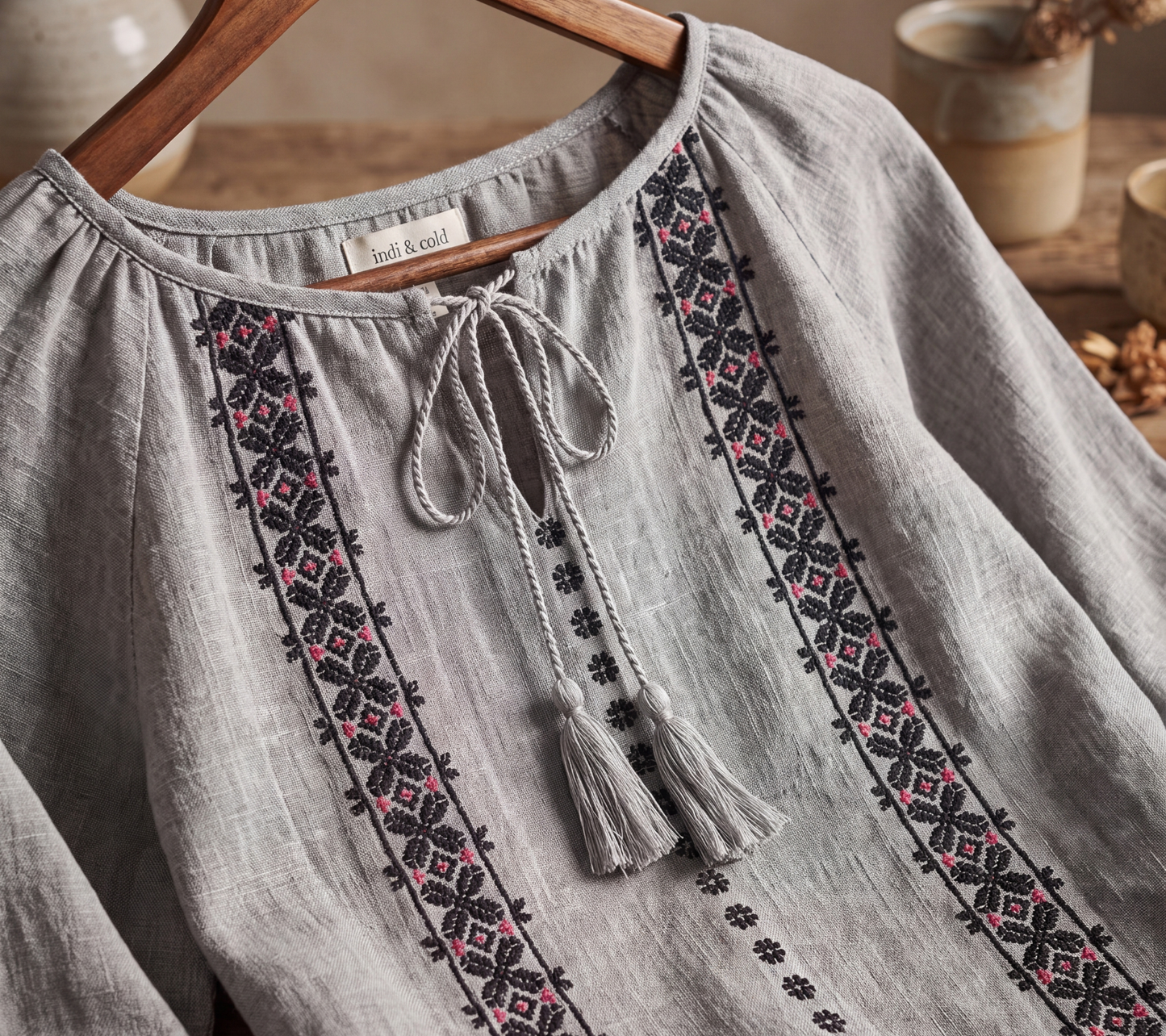 indi & cold Grey Linen-Blend Tassel Blouse with Geometric Embroidery