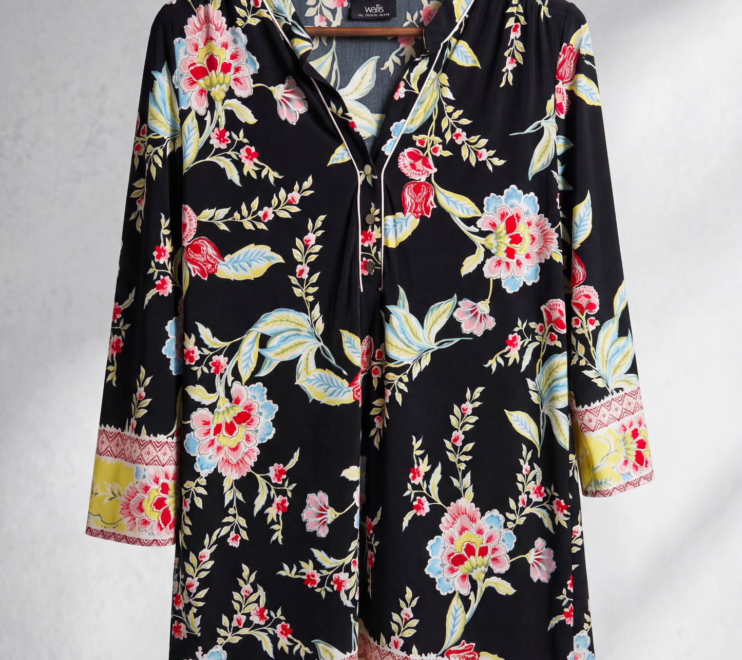Women's Black Floral Multi-Color Print Tunic with White Piping and Border Cuff Detail
