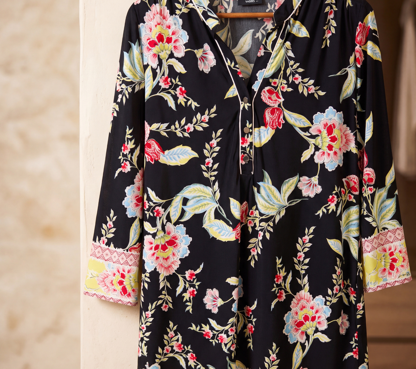 Women's Black Floral Multi-Color Print Tunic with White Piping and Border Cuff Detail