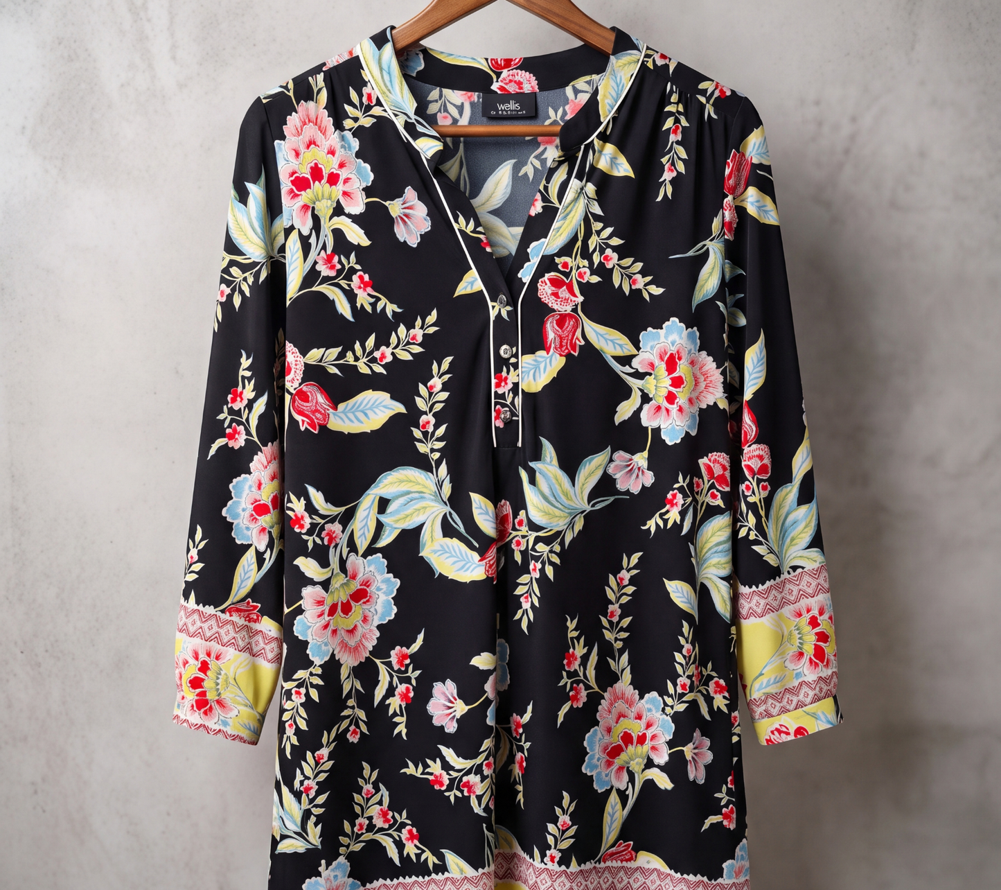 Women's Black Floral Multi-Color Print Tunic with White Piping and Border Cuff Detail