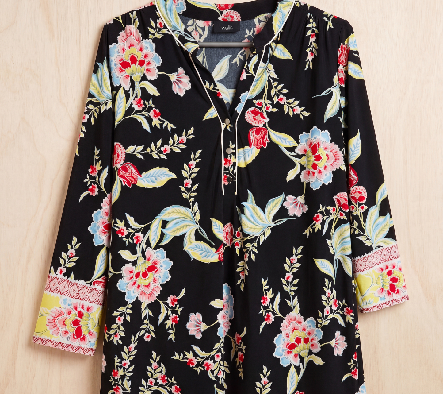 Women's Black Floral Multi-Color Print Tunic with White Piping and Border Cuff Detail