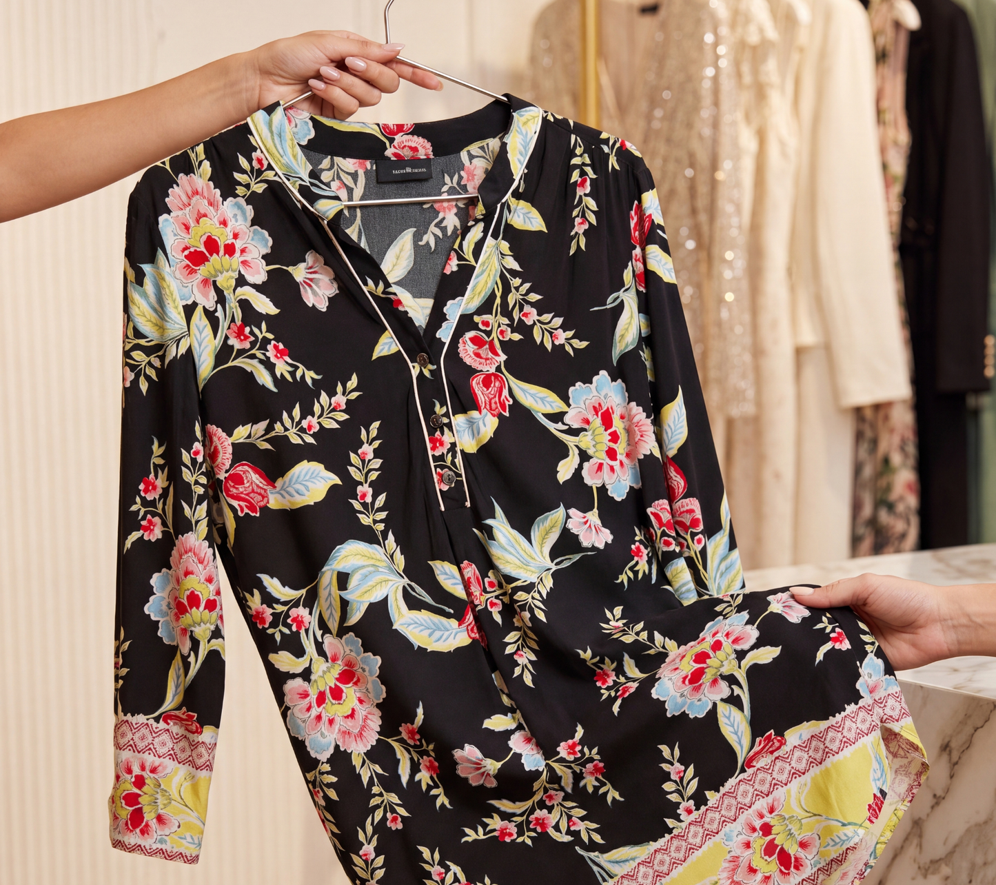 Women's Black Floral Multi-Color Print Tunic with White Piping and Border Cuff Detail