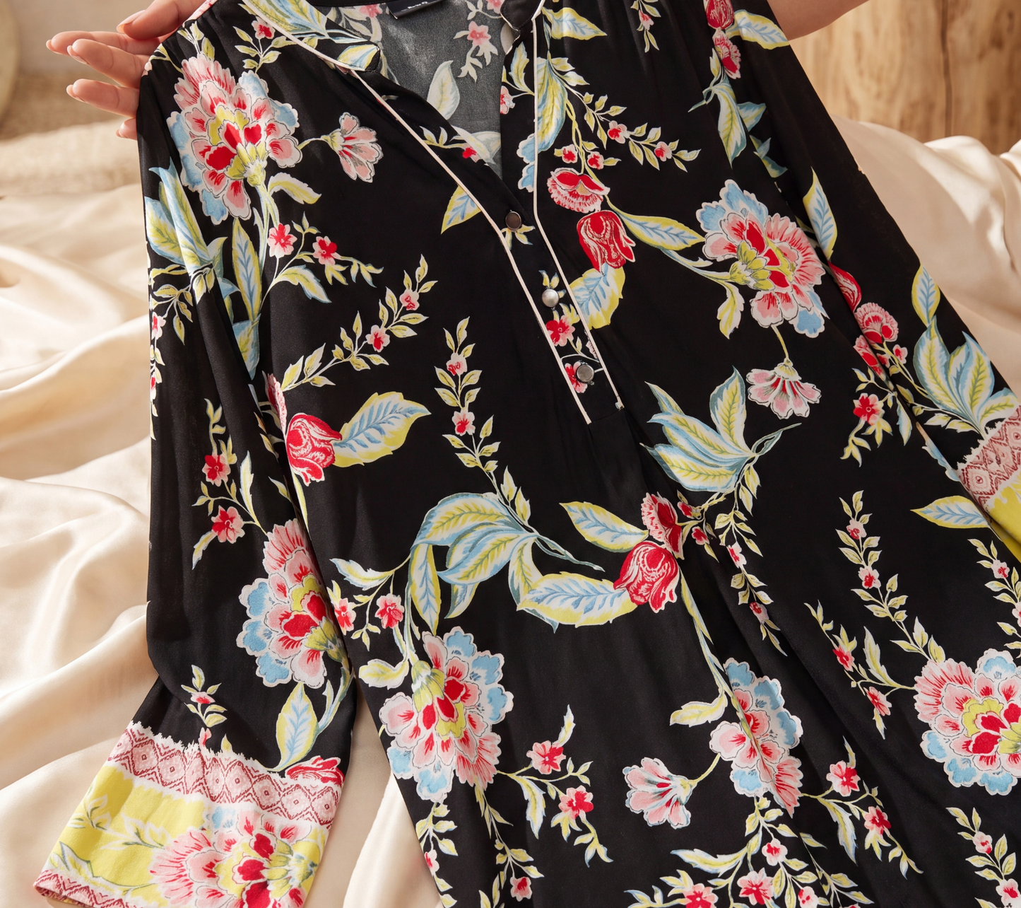 Women's Black Floral Multi-Color Print Tunic with White Piping and Border Cuff Detail