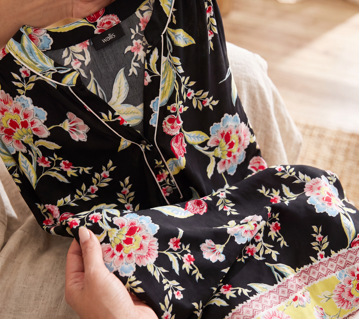 Women's Black Floral Multi-Color Print Tunic with White Piping and Border Cuff Detail