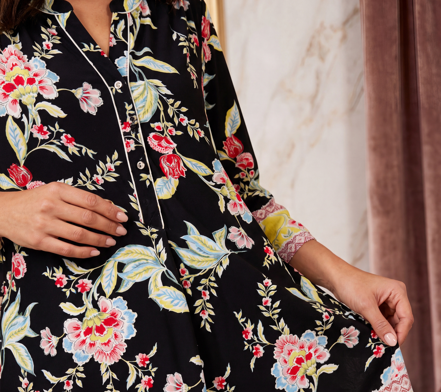 Women's Black Floral Multi-Color Print Tunic with White Piping and Border Cuff Detail