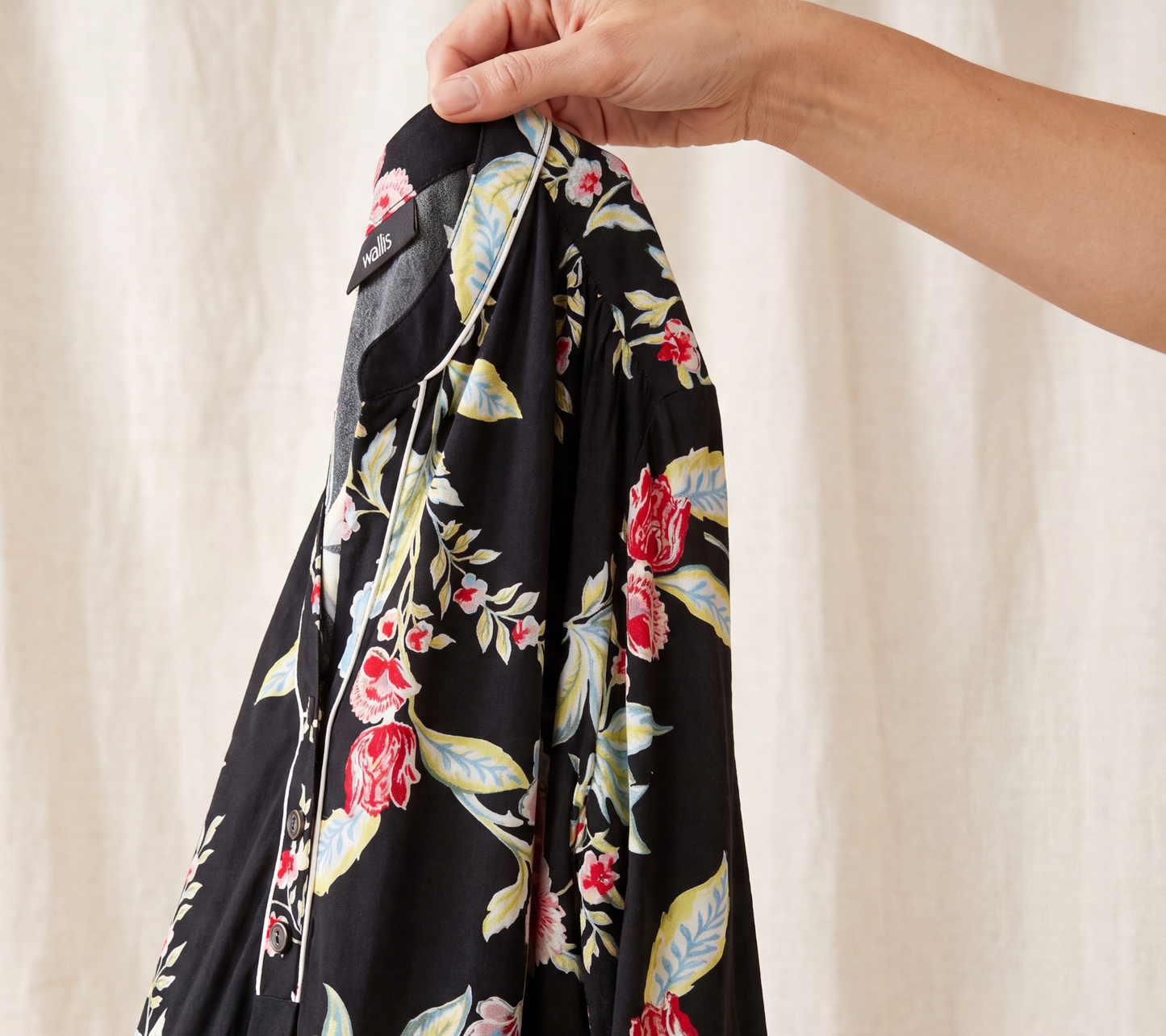 Women's Black Floral Multi-Color Print Tunic with White Piping and Border Cuff Detail