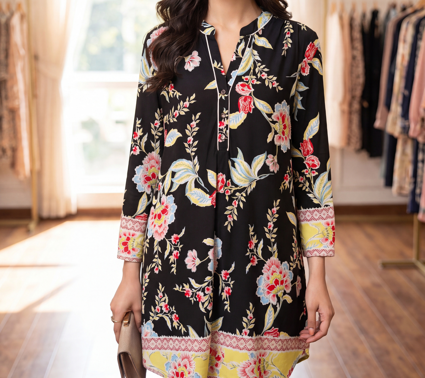 Women's Black Floral Multi-Color Print Tunic with White Piping and Border Cuff Detail