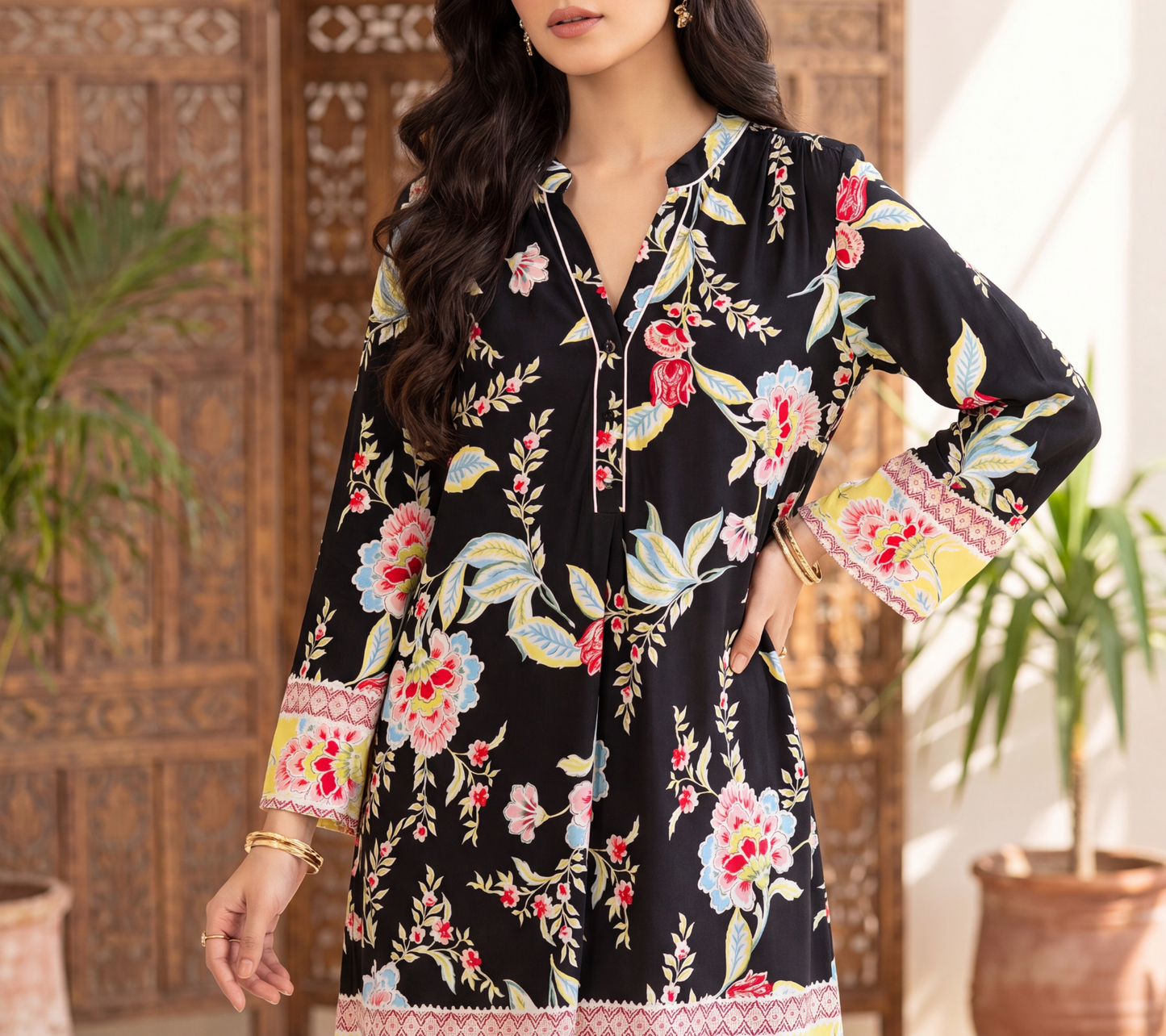 Women's Black Floral Multi-Color Print Tunic with White Piping and Border Cuff Detail