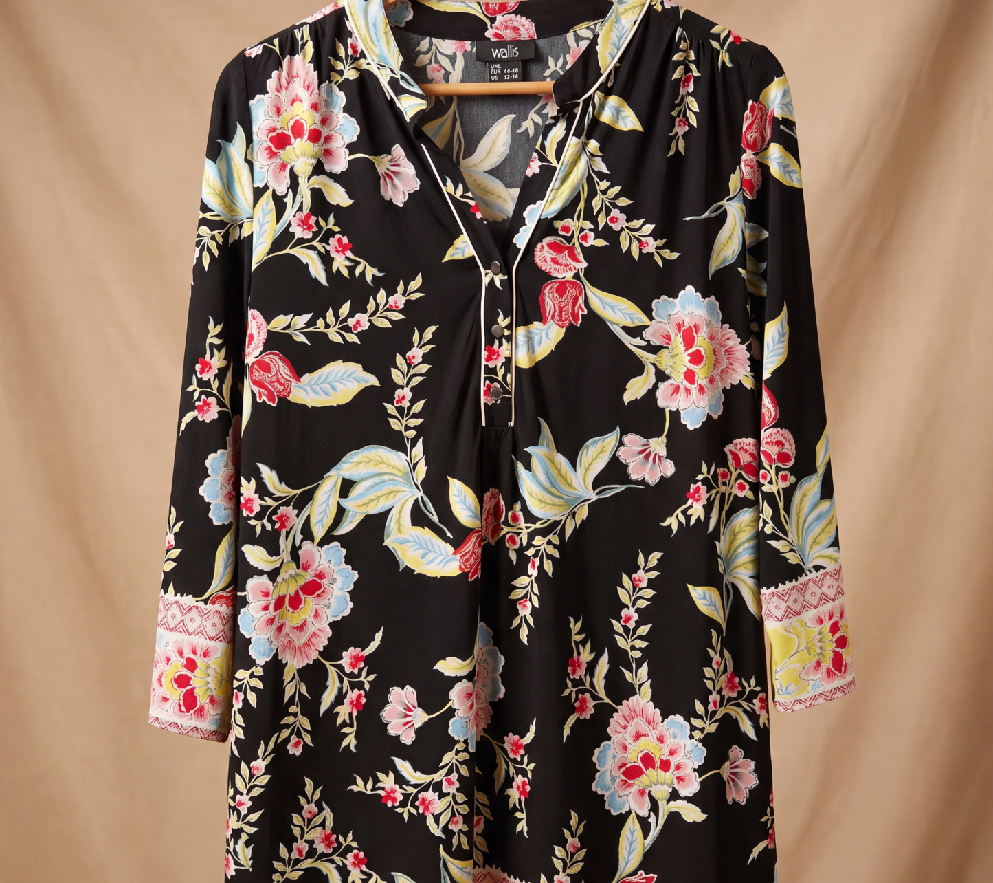 Women's Black Floral Multi-Color Print Tunic with White Piping and Border Cuff Detail