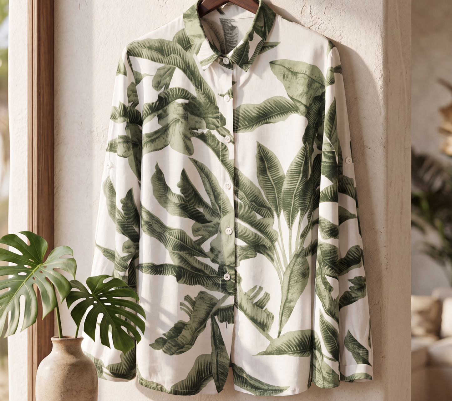 Women’s Muted Green Banana Leaf Botanical Print Button-Down Shirt