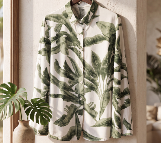 Women’s Muted Green Banana Leaf Botanical Print Button-Down Shirt