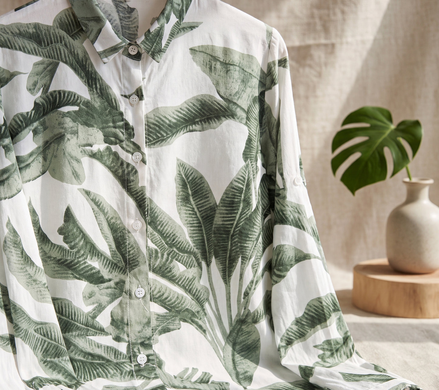 Women’s Muted Green Banana Leaf Botanical Print Button-Down Shirt