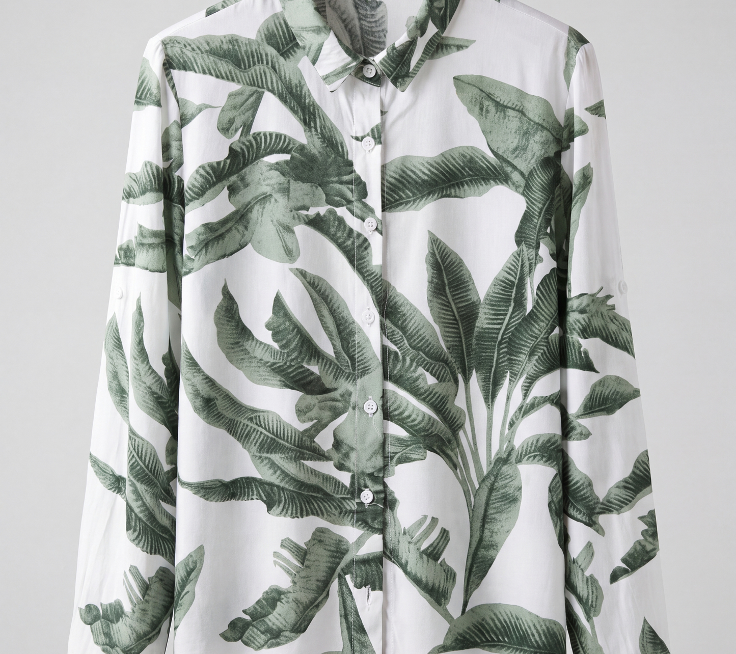 Women’s Muted Green Banana Leaf Botanical Print Button-Down Shirt