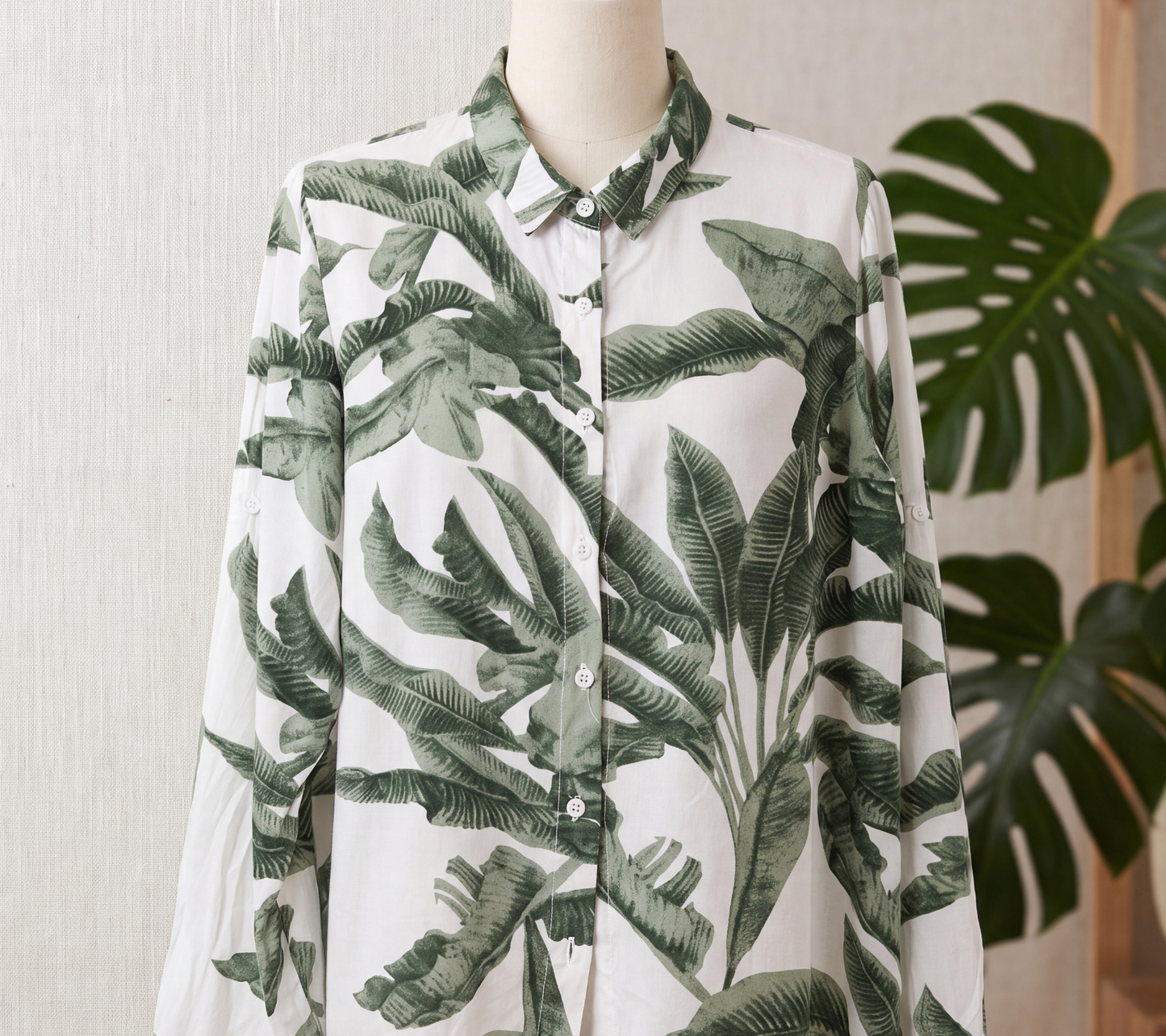 Women’s Muted Green Banana Leaf Botanical Print Button-Down Shirt