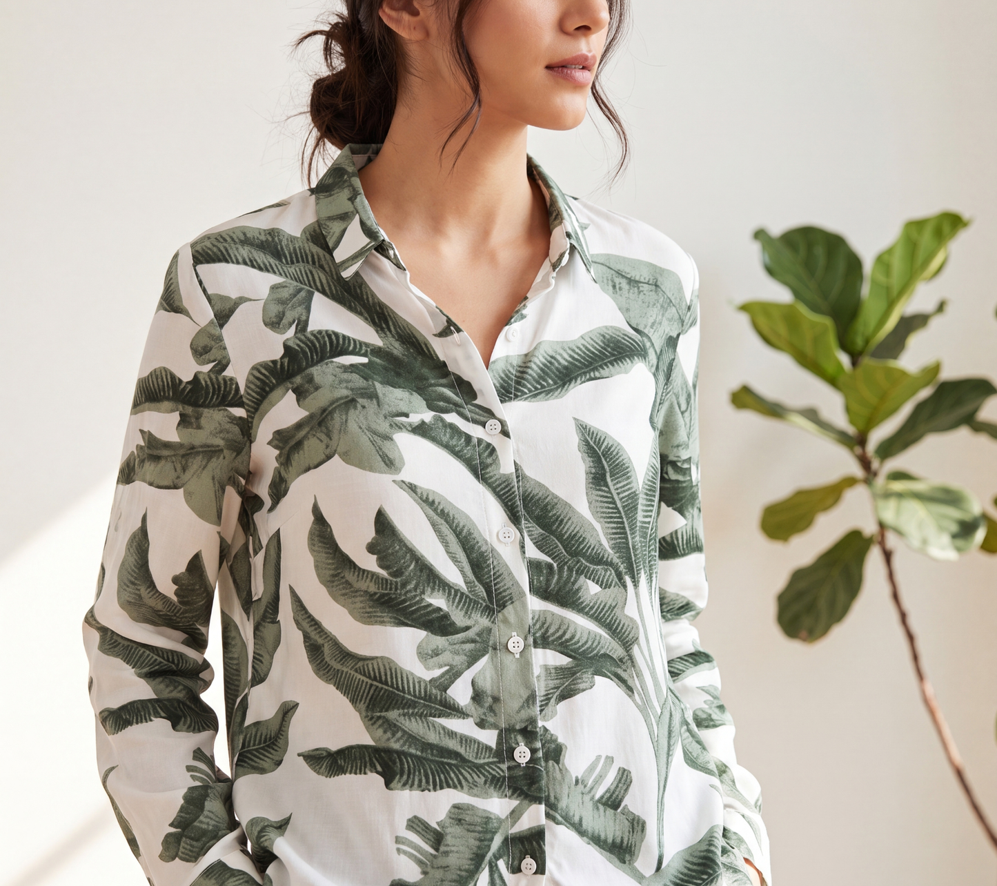 Women’s Muted Green Banana Leaf Botanical Print Button-Down Shirt