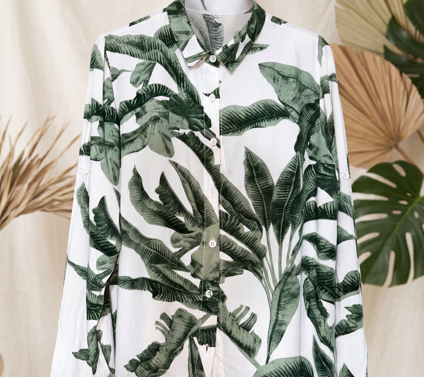 Women’s Muted Green Banana Leaf Botanical Print Button-Down Shirt