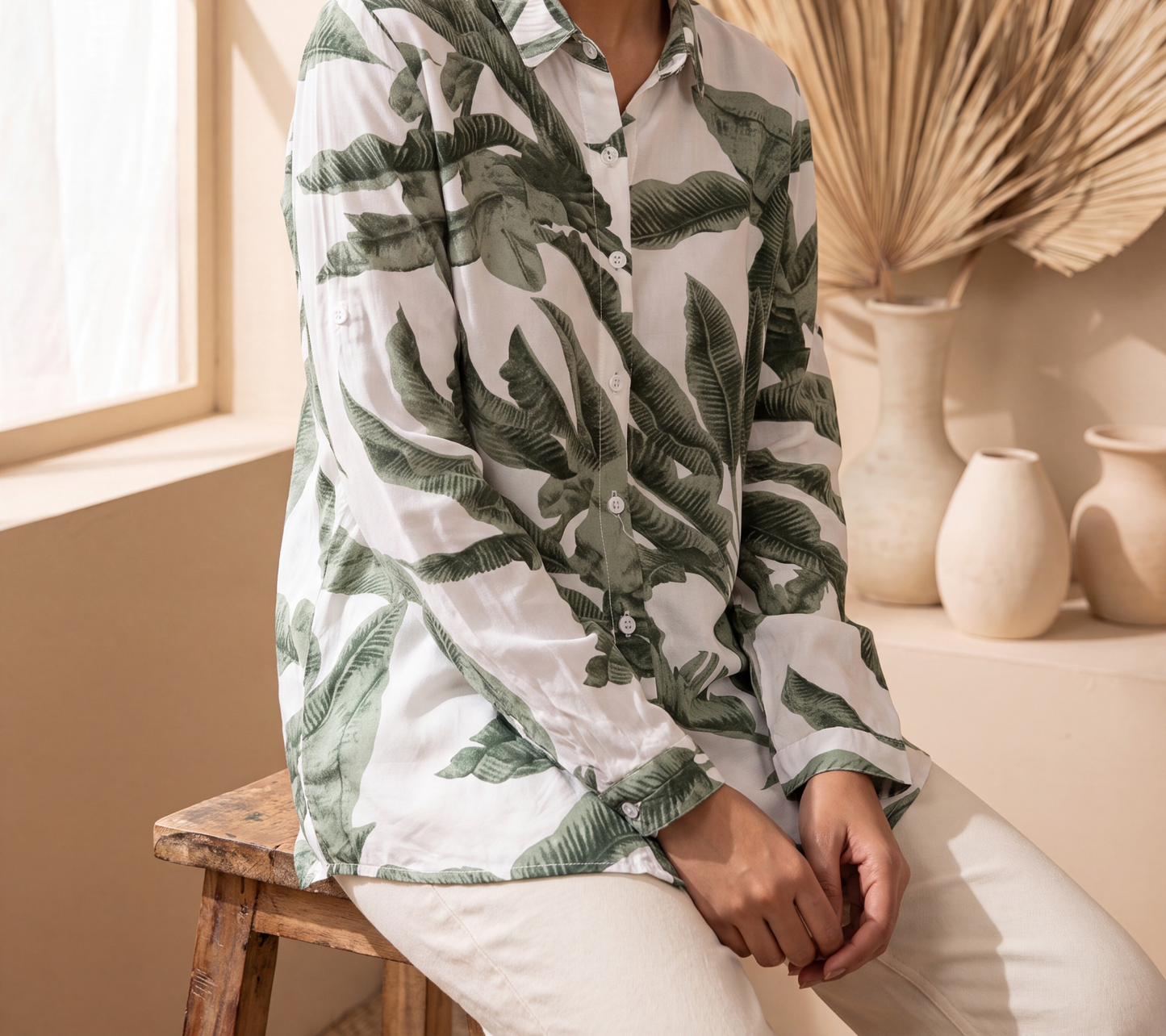 Women’s Muted Green Banana Leaf Botanical Print Button-Down Shirt