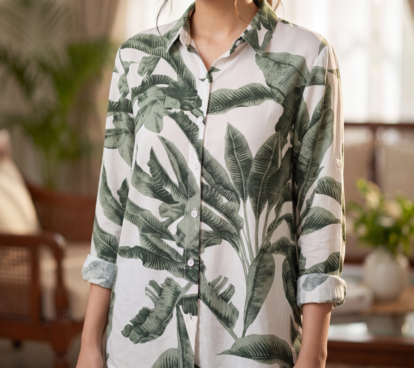 Women’s Muted Green Banana Leaf Botanical Print Button-Down Shirt
