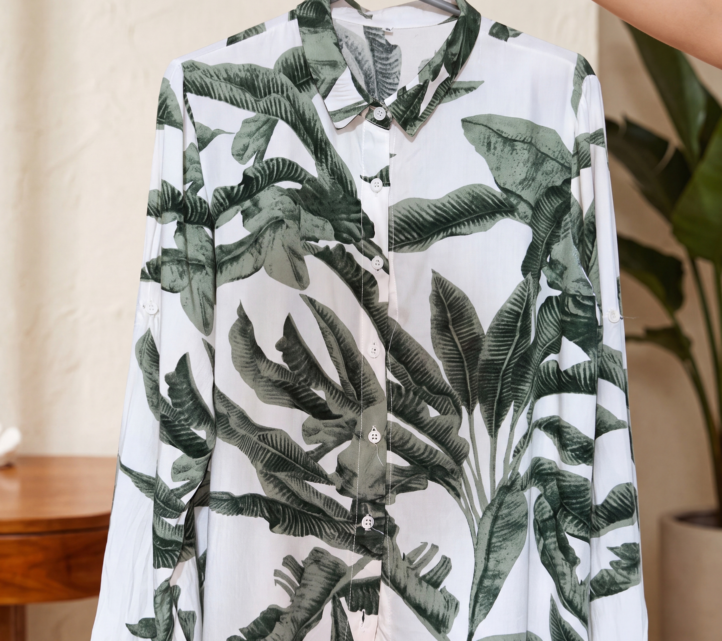 Women’s Muted Green Banana Leaf Botanical Print Button-Down Shirt
