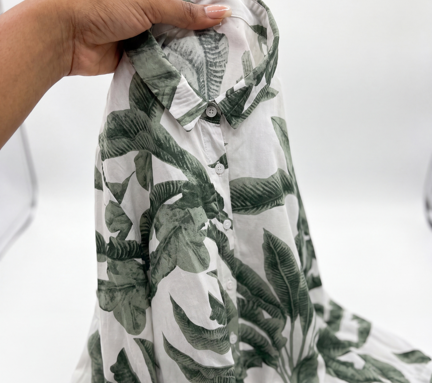 Women’s Muted Green Banana Leaf Botanical Print Button-Down Shirt