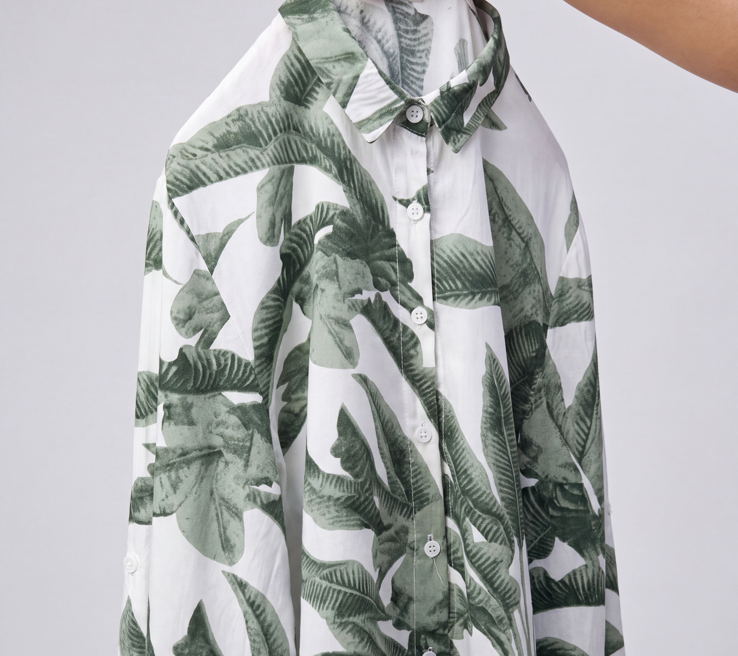 Women’s Muted Green Banana Leaf Botanical Print Button-Down Shirt