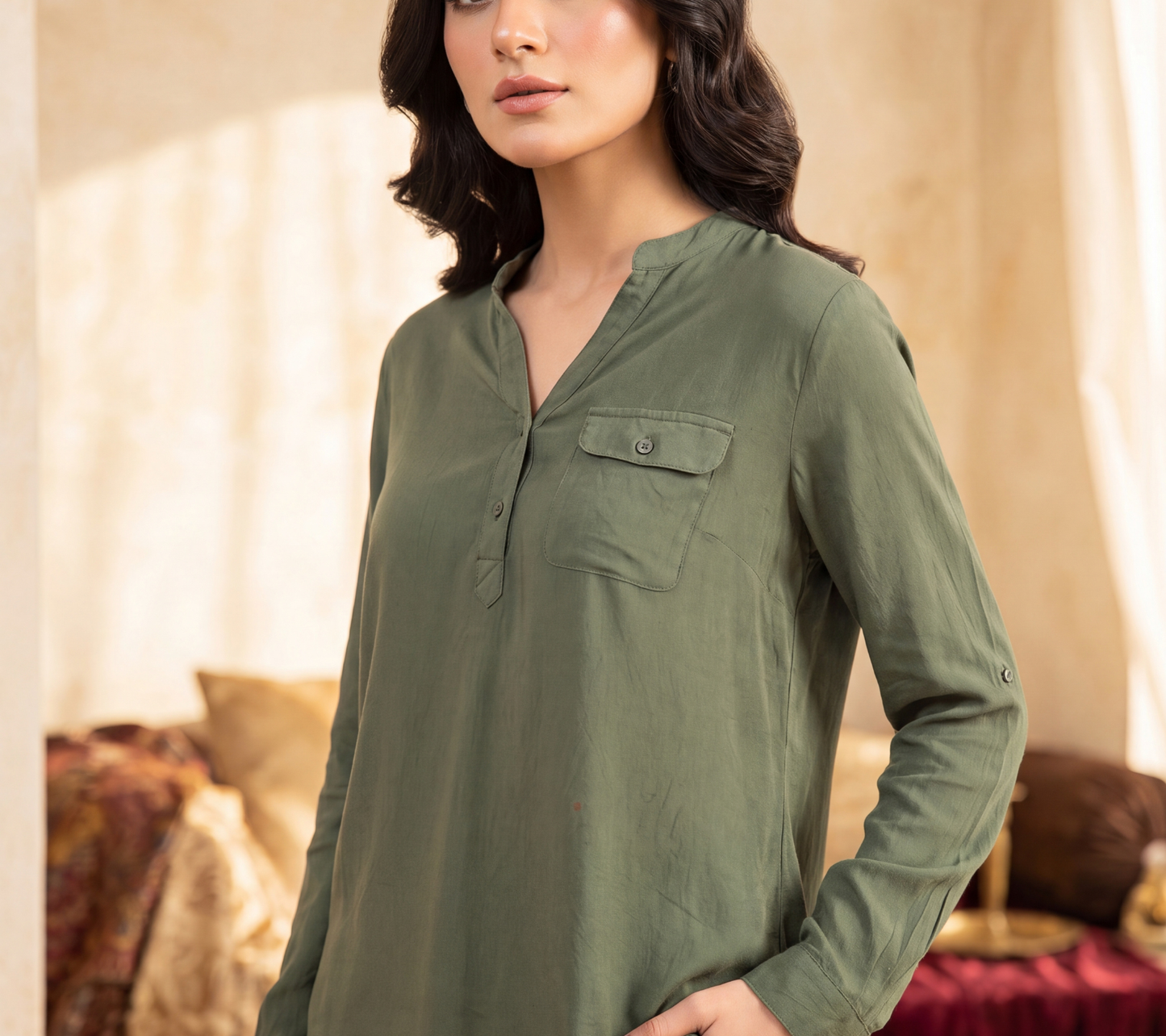 Olive Green Henley Tunic Top – Casual Long Sleeve Blouse