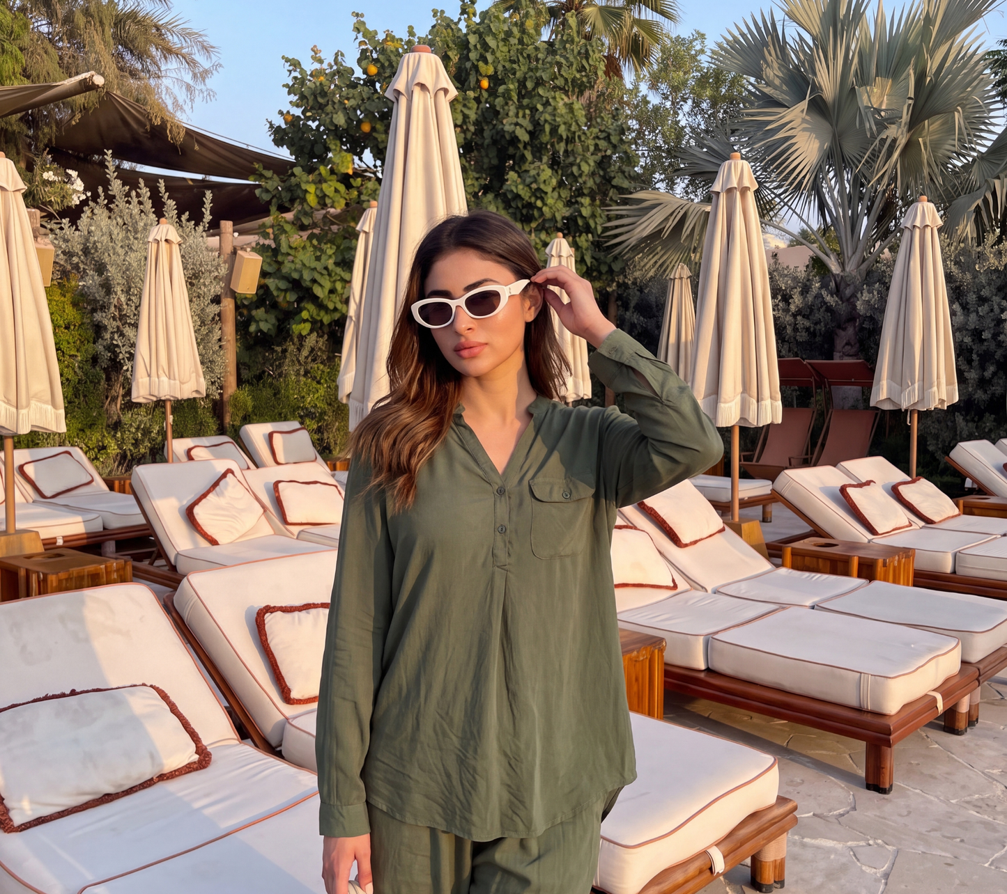Olive Green Henley Tunic Top – Casual Long Sleeve Blouse