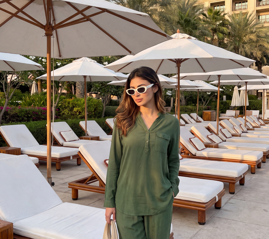 Olive Green Henley Tunic Top – Casual Long Sleeve Blouse