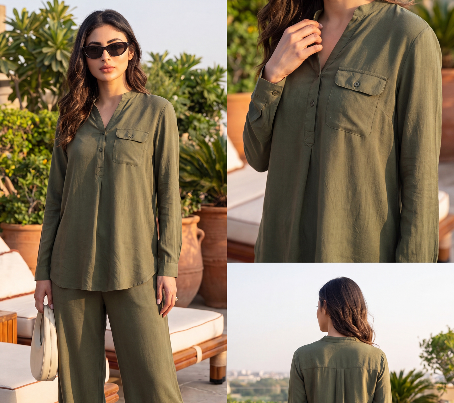 Olive Green Henley Tunic Top – Casual Long Sleeve Blouse