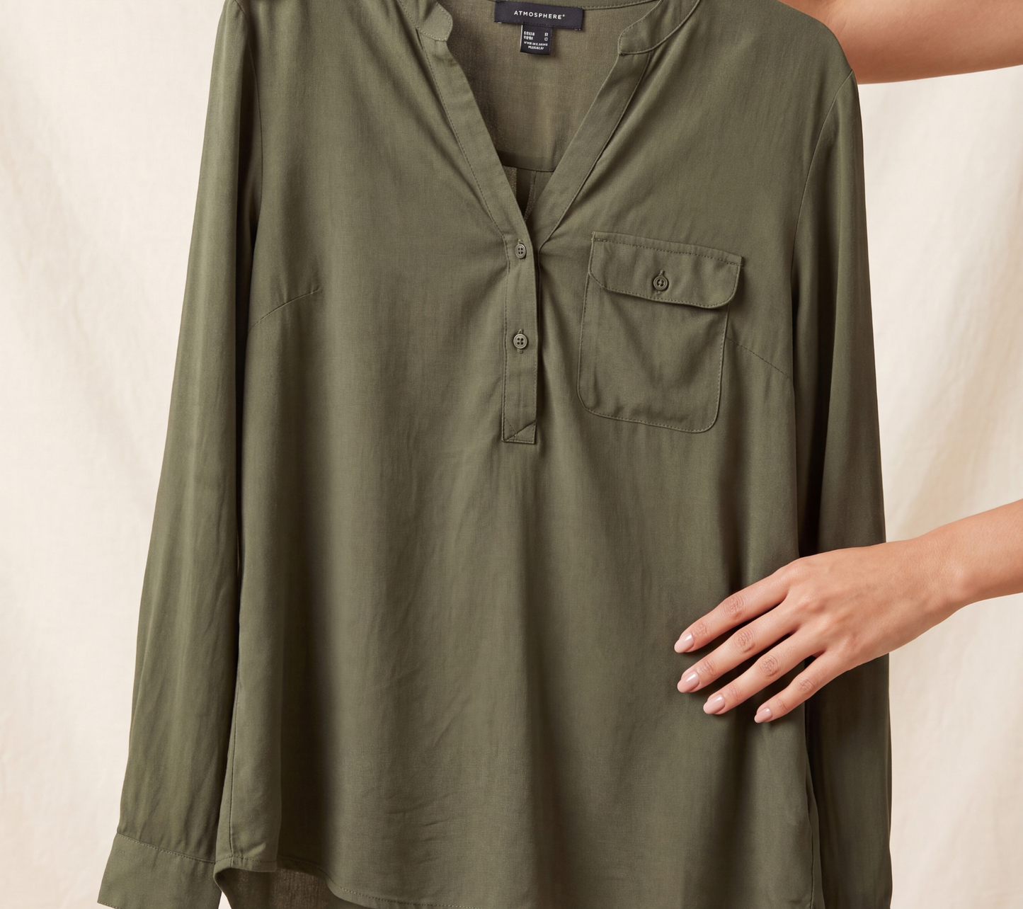 Olive Green Henley Tunic Top – Casual Long Sleeve Blouse